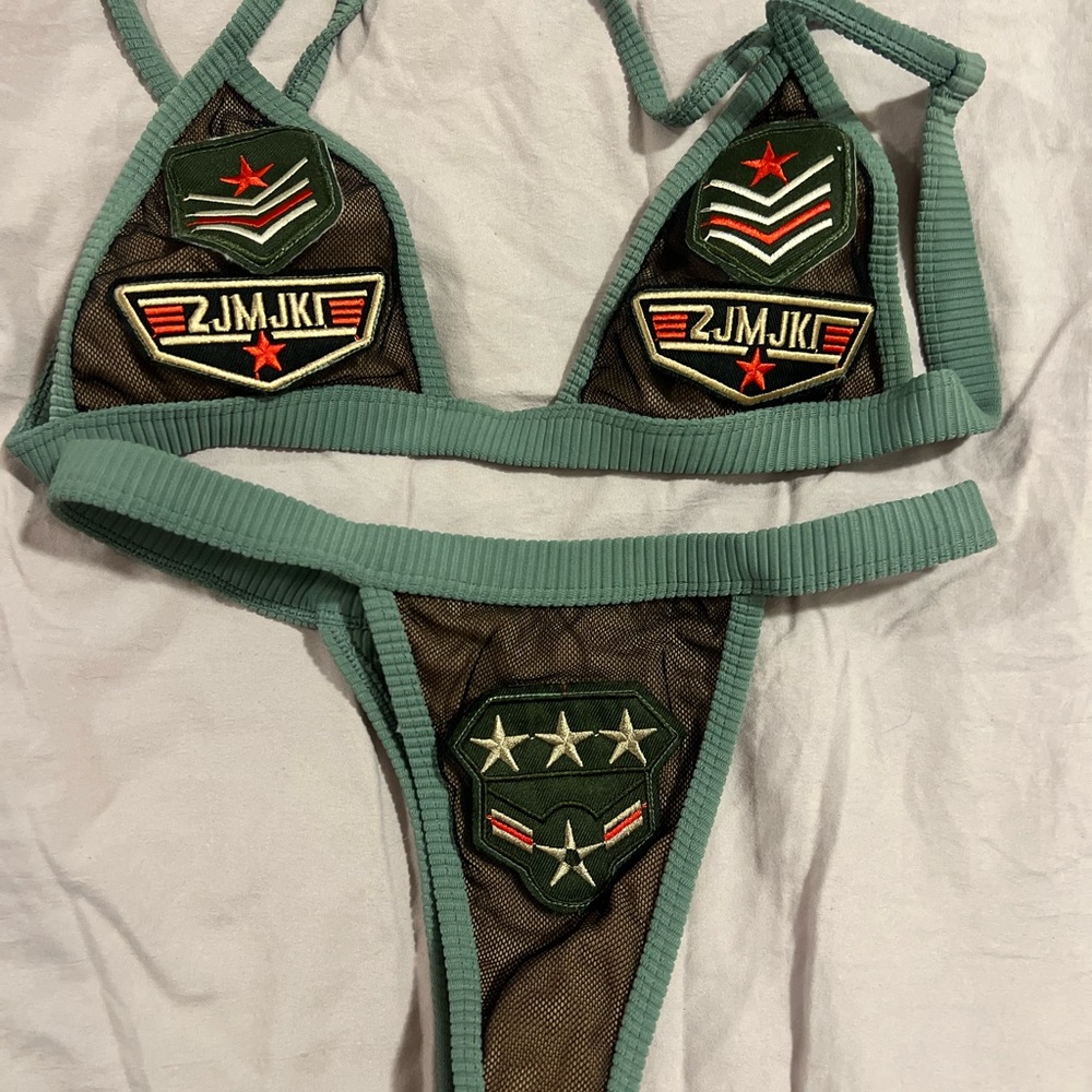 Andi bagus Green and Black, military style Bikini with Patch Details